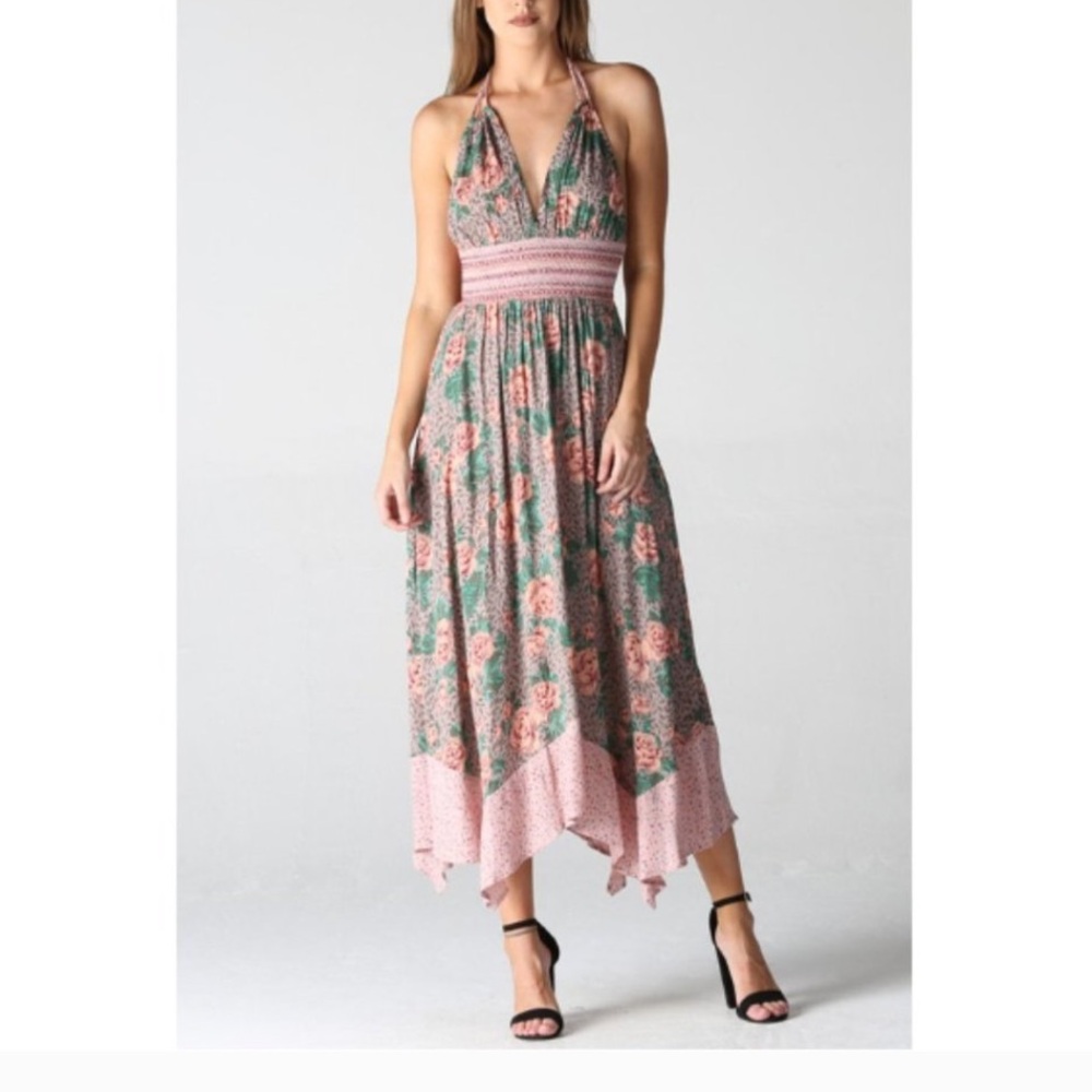 Angie Halter Smocked Waist Beach Dress Floral Boho Lightweight Medium
